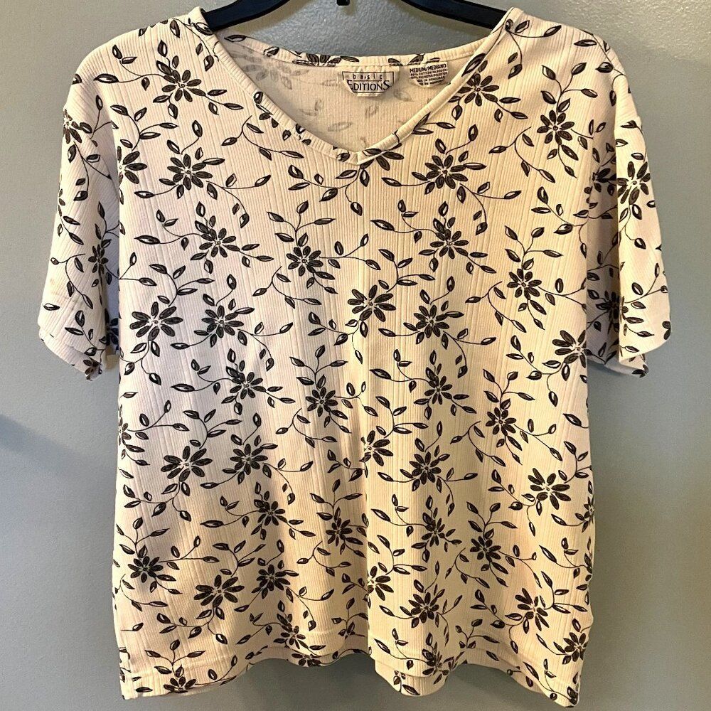 Basic Editions Womens Floral Short Sleeve Pullover Top Floral Size Medium